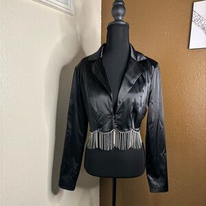 Privy Black Satin Blazer with Fringe Accents